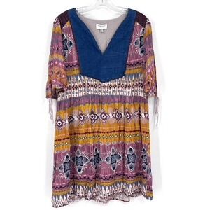 Harlyn Womens S Boho Print Dress Tie Sleeve Denim Neckline